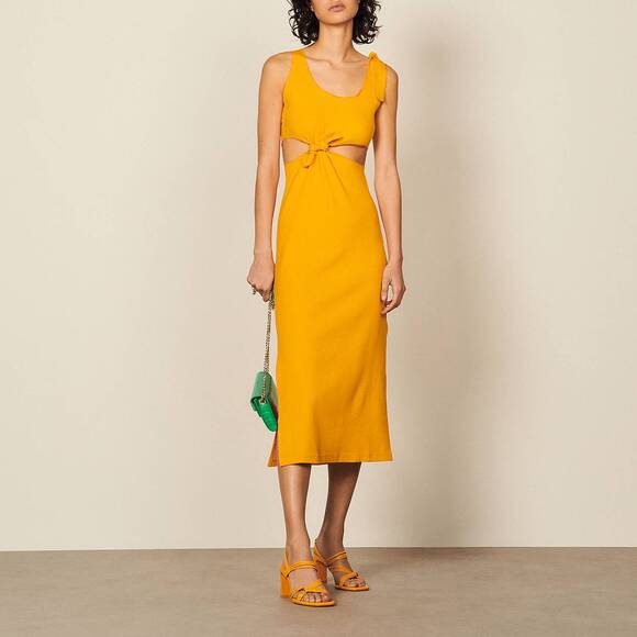 Sandro Lolie Tie Detail Knotted Waist Cut Out Ribbed Midi Dress Clementine-36 - Picture 1 of 8